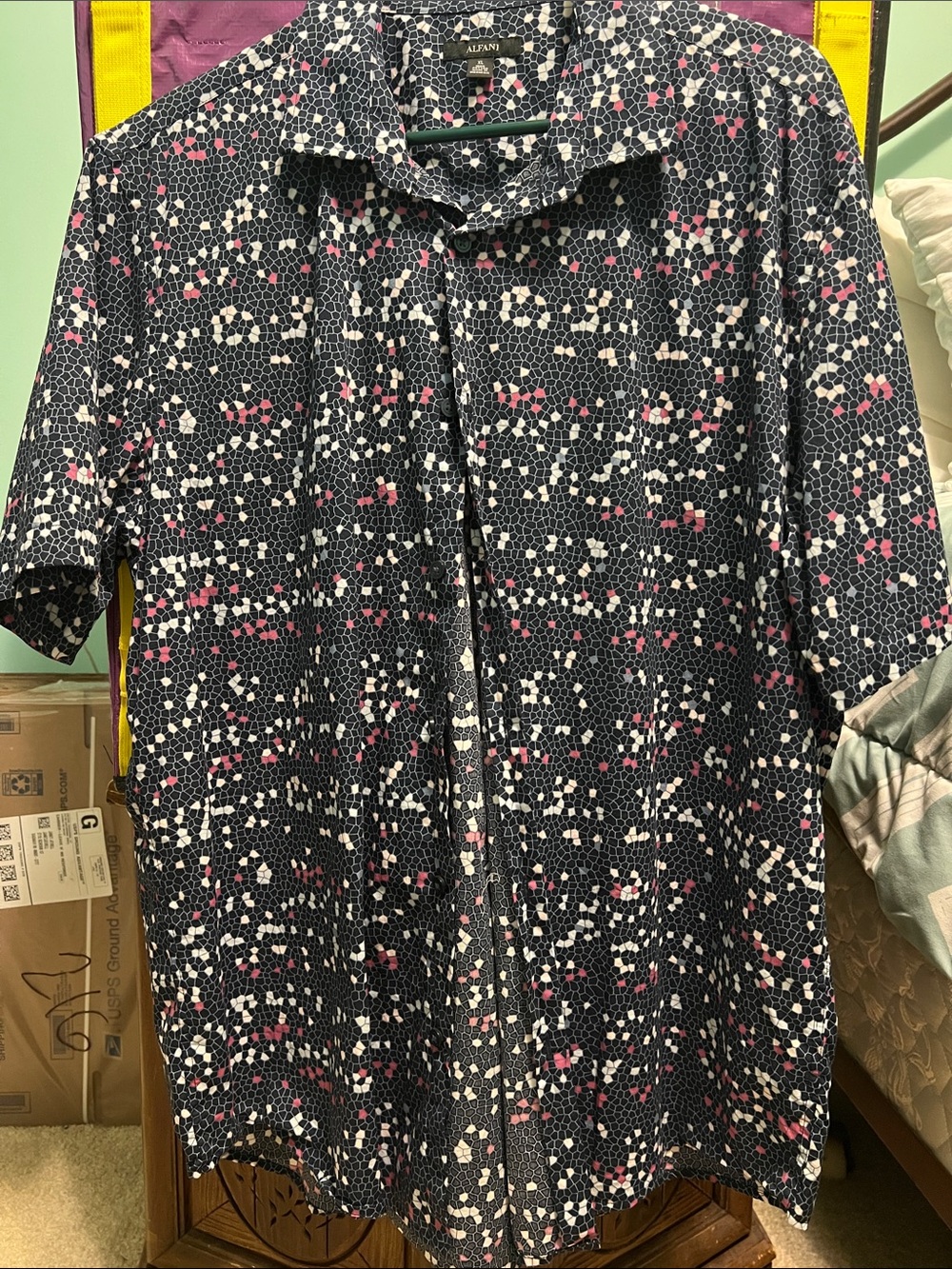 Alfani Navy Short-Sleeve Button-Down with White and Pink Abstract Print